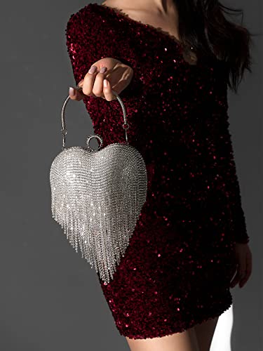 SWEETV Women's Rhinestone Heart Purse, Evening Clutch Bag for Formal Wedding Cocktail Prom Party Club, Silver