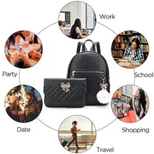 I IHAYNER Backpack Purse for Women, Girls Mini PU Leather Backpack Chain Shoulder Travel Bag with Detachable Handbags, 2 Pieces（Black）