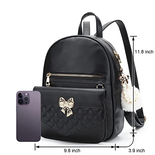 I IHAYNER Backpack Purse for Women, Girls Mini PU Leather Backpack Chain Shoulder Travel Bag with Detachable Handbags, 2 Pieces（Black）