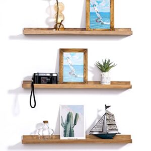 azsky rustic floating shelves wood wall shelf light walnut 24 inch narrow wooden photo picture ledge display wall shelves with lip a set of 3 wall mount shelves for decor and storage