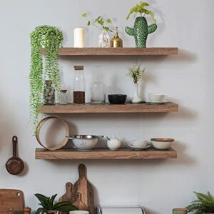 floating shelves for wall solid wood shelves set of 3, rustic wooden wall shelf durable natural floating shelves bracket wall shelves decoration for kitchen bedroom living bathroom study room brown