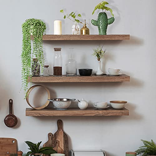 Floating Shelves for Wall Solid Wood Shelves Set of 3, Rustic Wooden Wall Shelf Durable Natural Floating Shelves Bracket Wall Shelves Decoration for Kitchen Bedroom Living Bathroom Study Room Brown