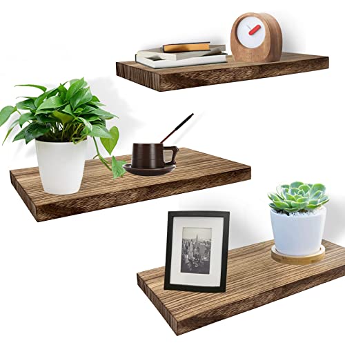 Floating Shelves for Wall Solid Wood Shelves Set of 3, Rustic Wooden Wall Shelf Durable Natural Floating Shelves Bracket Wall Shelves Decoration for Kitchen Bedroom Living Bathroom Study Room Brown