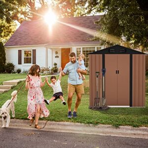 FOOWIN Outdoor Metal Storage Shed,Outdoor Storage with Sliding Doors and Vents,Metal Garden Shed Steel Anti-Corrosion Storage House Metal Sheds for Backyard Garden Patio Lawn (Brown & Grey 6 'x 4')