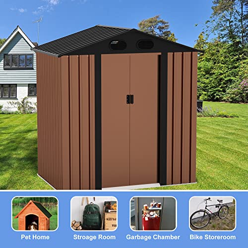 FOOWIN Outdoor Metal Storage Shed,Outdoor Storage with Sliding Doors and Vents,Metal Garden Shed Steel Anti-Corrosion Storage House Metal Sheds for Backyard Garden Patio Lawn (Brown & Grey 6 'x 4')
