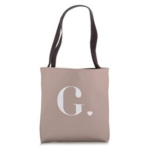 mocha brown cute letter g initial heart monogram tote bag