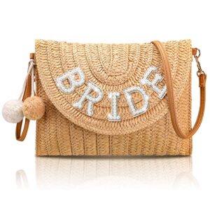 pinkunn bride straw shoulder bag for women straw clutch bag pearl rhinestone wedding summer beach vacation bridal shower gift (bride style)
