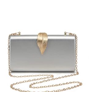 Beaguful Women's Fashion Evening Bags with Golden Leaves Crossbody Shoulder Handbag Chain Removable Silver