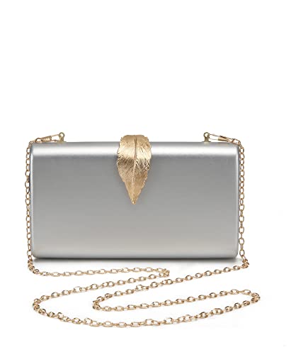 Beaguful Women's Fashion Evening Bags with Golden Leaves Crossbody Shoulder Handbag Chain Removable Silver