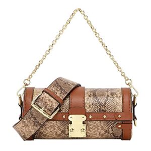 qiayime women vintage crossbody shoulder bag ladies pu leather round purse handbag satchel snake printed chain clutch (brown)
