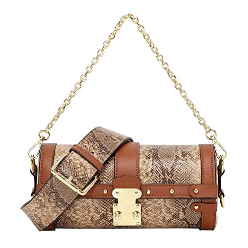 Qiayime Women Vintage Crossbody Shoulder Bag Ladies PU Leather Round Purse Handbag Satchel Snake Printed Chain Clutch (Brown)