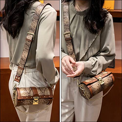 Qiayime Women Vintage Crossbody Shoulder Bag Ladies PU Leather Round Purse Handbag Satchel Snake Printed Chain Clutch (Brown)