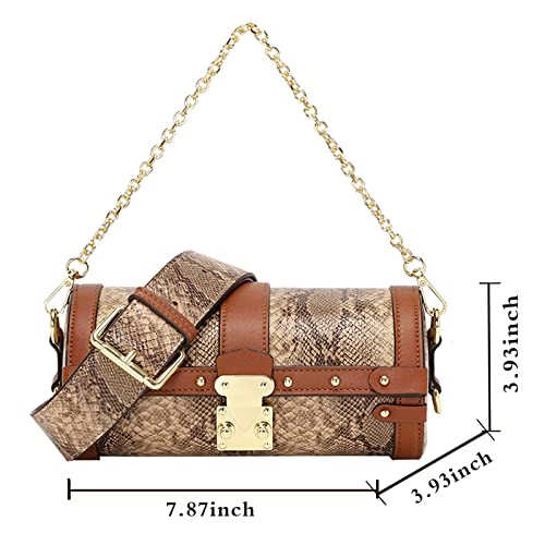 Qiayime Women Vintage Crossbody Shoulder Bag Ladies PU Leather Round Purse Handbag Satchel Snake Printed Chain Clutch (Brown)