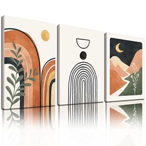 minimalist boho wall art set of 3, abstract wall art mid-century modern art print, neutral geometric canvas artwork posters for living room, bedroom, bathroom, gallery, boho room decor 12″x16″, framed