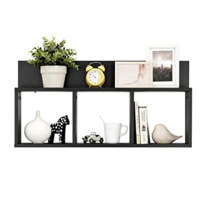 danya b. modern 3 cube floating wall shelf with display ledge – easy to hang wall mounted triple cubby shelf (black)