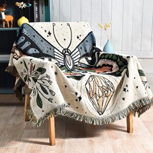 shesyuki boho throw blanket reversible cotton bohemian tapestry hippie room decor outdoor blanket double sided (month moth white, 50″x60″)