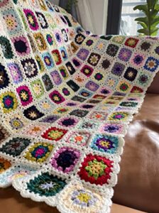 riseon handmade granny square crochet throw blanket sweater style mat, crochet quilt, multicolor boho travel accent decor throw for sofa comforter couch bed recliner living room bedroom 47″ x47″