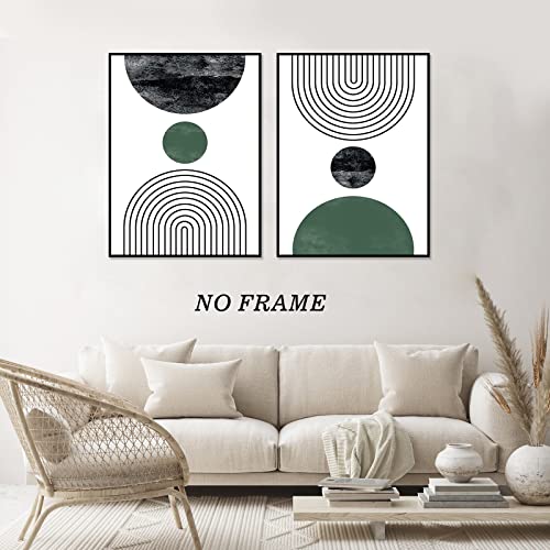 Mid Century Modern Wall Art Boho Abstract Painting Green Geometric Print Minimalist Boho Pictures Olive Green Poster Geometric Abstract Painting Black Line Boho Wall Art for Bedroom 16x24inx2 No Frame