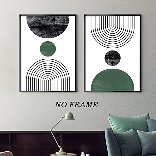 Mid Century Modern Wall Art Boho Abstract Painting Green Geometric Print Minimalist Boho Pictures Olive Green Poster Geometric Abstract Painting Black Line Boho Wall Art for Bedroom 16x24inx2 No Frame