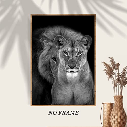 Lion and Lioness Canvas Wall Art Black and White Animal Pictures for Wall Decor Male and Female Lion Picture for Bedroom Modern Animal Canvas Print Wall Art Contemporary Decor for Home 16x24in No Frame