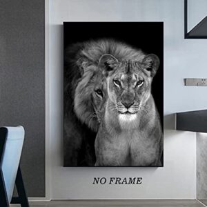 Lion and Lioness Canvas Wall Art Black and White Animal Pictures for Wall Decor Male and Female Lion Picture for Bedroom Modern Animal Canvas Print Wall Art Contemporary Decor for Home 16x24in No Frame