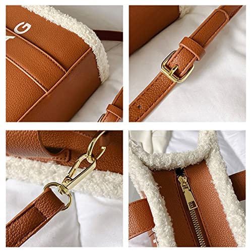 Womens Leather The Tote Bags Top-Handle Crossbody Bag with Fluffy Furry Cute Handbag for Travel Work (khaki,one size)