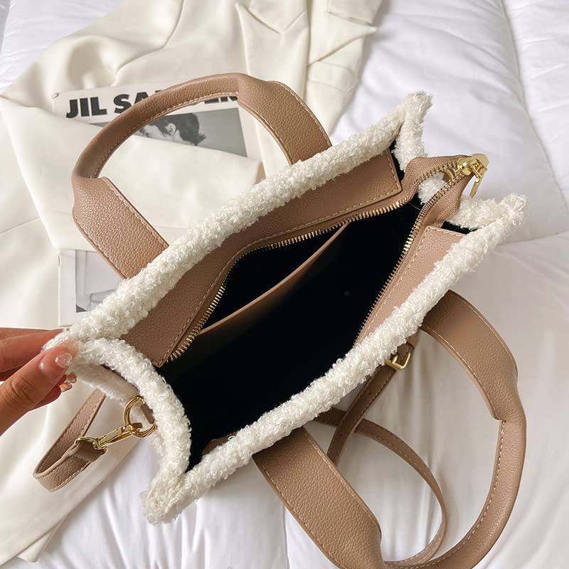 Womens Leather The Tote Bags Top-Handle Crossbody Bag with Fluffy Furry Cute Handbag for Travel Work (khaki,one size)