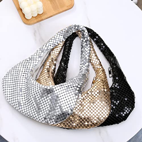 Rejollly Sequins Purse Sparkly Bling Hobo Handbag Under Arm Clutch Purse for Women Evening Bag for Prom Cocktail Party Wedding Silver