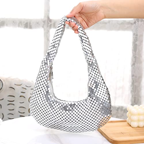 Rejollly Sequins Purse Sparkly Bling Hobo Handbag Under Arm Clutch Purse for Women Evening Bag for Prom Cocktail Party Wedding Silver