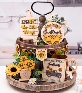 sunflower decor – farmhouse sunflower decorations – rustic sunflower tiered tray decor – spring summer fall wooden signs for home kitchen bathroom table bedroom room indoor (tray not included)