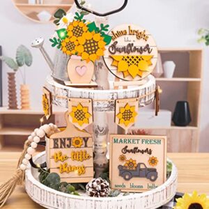 Sunflower Decor - Farmhouse Sunflower Decorations - Rustic Sunflower Tiered Tray Decor - Spring Summer Fall Wooden Signs for Home Kitchen Bathroom Table Bedroom Room Indoor (Tray Not Included)