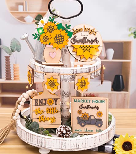 Sunflower Decor - Farmhouse Sunflower Decorations - Rustic Sunflower Tiered Tray Decor - Spring Summer Fall Wooden Signs for Home Kitchen Bathroom Table Bedroom Room Indoor (Tray Not Included)