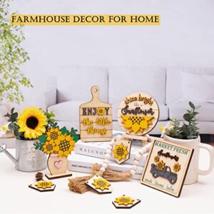 Sunflower Decor - Farmhouse Sunflower Decorations - Rustic Sunflower Tiered Tray Decor - Spring Summer Fall Wooden Signs for Home Kitchen Bathroom Table Bedroom Room Indoor (Tray Not Included)