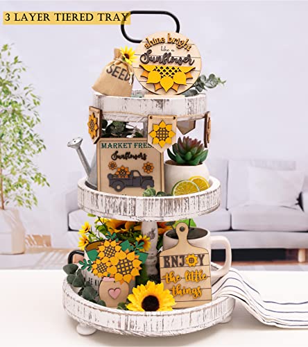 Sunflower Decor - Farmhouse Sunflower Decorations - Rustic Sunflower Tiered Tray Decor - Spring Summer Fall Wooden Signs for Home Kitchen Bathroom Table Bedroom Room Indoor (Tray Not Included)