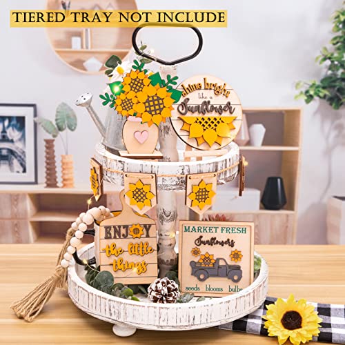 Sunflower Decor - Farmhouse Sunflower Decorations - Rustic Sunflower Tiered Tray Decor - Spring Summer Fall Wooden Signs for Home Kitchen Bathroom Table Bedroom Room Indoor (Tray Not Included)