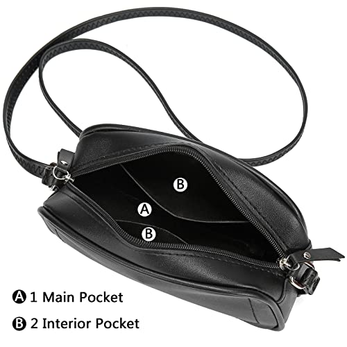 Triple Zip Small Crossbody Bags for Women, Vegan Leather Crossbody Purse for Travel, Lightweight Shoulder Bag Black