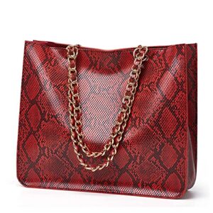oichy leather tote bag for women large purses and handbags snakeskin pattern shoulder bag ladies purse with chain strap (red)
