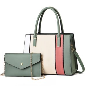 italian design quality leather ladies handbag and purse tote top handle 2 in1 set bags (green pink)