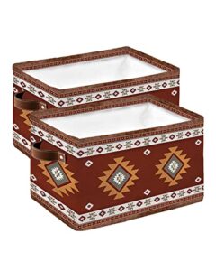 southwest boho cube storage organizer bins with handles,15x11x9.5 inch collapsible canvas cloth fabric storage basket,vintage brown abstract geometry native american tribal books toys boxes