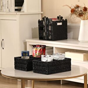 Vagusicc Wicker Storage Baskets, Set of 3 Hand-Woven Paper Rope Wicker Baskets for Shelves Storage with Handles, Snowflake Cube Storage Bins, 10.5 Inch Storage Baskets for Pantry Organizing, Black
