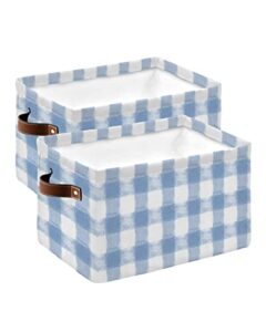 sky blue buffalo check rustic farm watercolor cube storage organizer bins with handles, 15x11x9.5 inch collapsible canvas cloth fabric storage basket, books kids’ toys bin boxes for shelves, closet