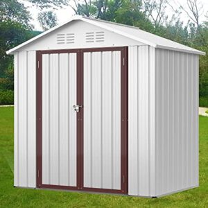 hootata 6′ × 4′ metal outdoor storage shed with door & lock, galvanized waterproof garden storage tool shed with base frame for backyard patio,white-chocolate