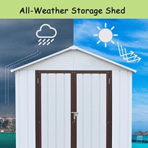 Hootata 6' × 4' Metal Outdoor Storage Shed with Door & Lock, Galvanized Waterproof Garden Storage Tool Shed with Base Frame for Backyard Patio,White-Chocolate