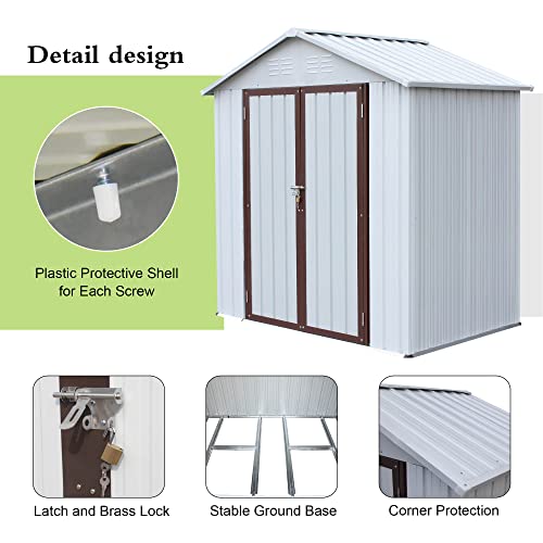 Hootata 6' × 4' Metal Outdoor Storage Shed with Door & Lock, Galvanized Waterproof Garden Storage Tool Shed with Base Frame for Backyard Patio,White-Chocolate