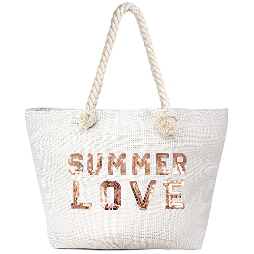 Beach Bags for Women Extra Large Travel Tote Bag Top Zipper Closure Summer Love Gold Sequin Shoulder Bag (White)