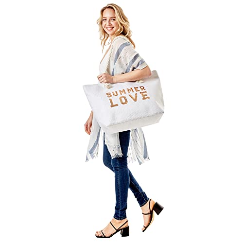 Beach Bags for Women Extra Large Travel Tote Bag Top Zipper Closure Summer Love Gold Sequin Shoulder Bag (White)