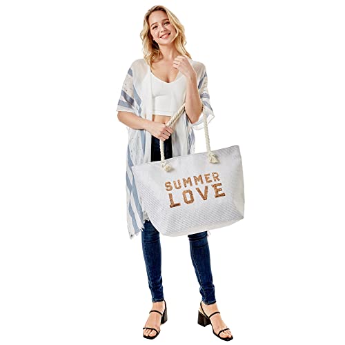 Beach Bags for Women Extra Large Travel Tote Bag Top Zipper Closure Summer Love Gold Sequin Shoulder Bag (White)