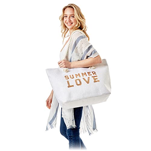 Beach Bags for Women Extra Large Travel Tote Bag Top Zipper Closure Summer Love Gold Sequin Shoulder Bag (White)