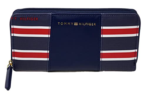 Tommy Hilfiger Women's Navy Red & White Logo Coated Canvas Zip Around Wallet Clutch Bag