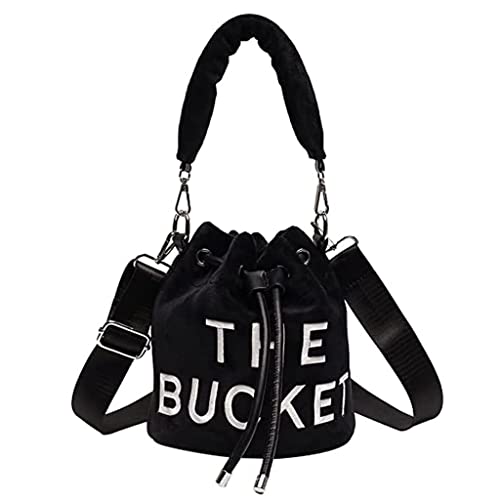 FjcCfrFw Bucket Bags for Women,Mini Bucket Purses,Hobo Bag,Drawstring Crossbody bags,Soft Plush Shoulder Handbags (BLACK)